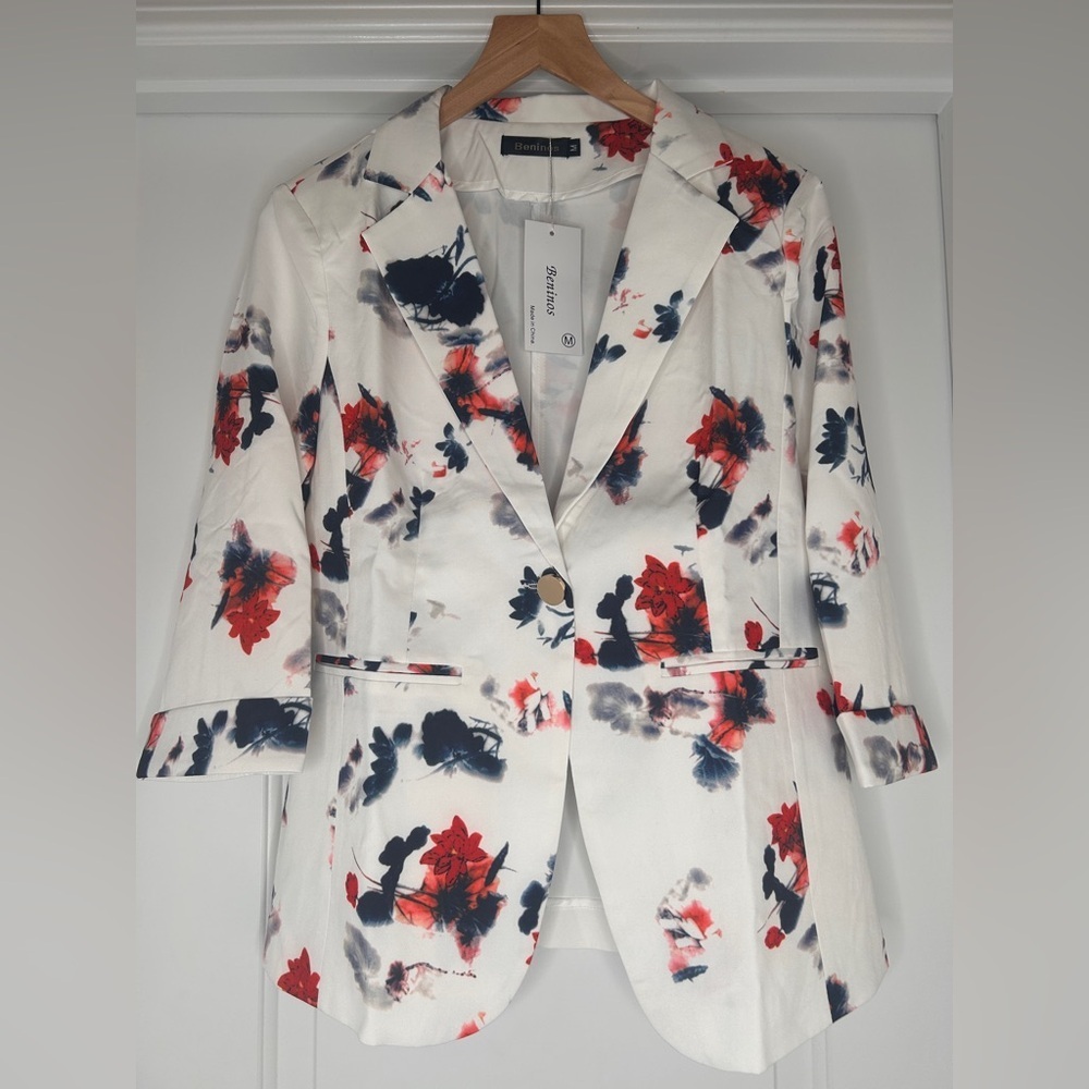 Benin’s Floral White Lightweight Blazer Business Casual , Medium